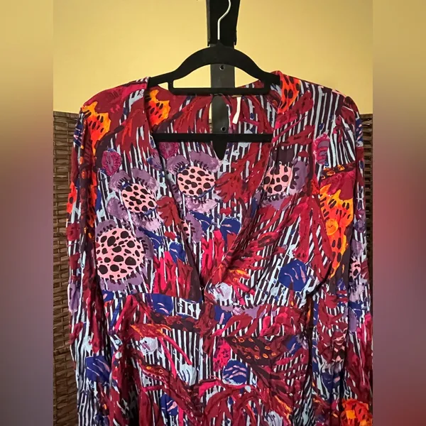 NEW Free People Audrey Long Sleeve V-Neck Romper – Red – Size 6 - Image 5