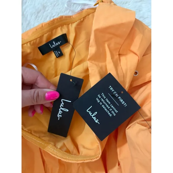 Lulus Trendsetting Choice Orange Strapless Midi Dress Pockets Size Small Wedding - Image 6