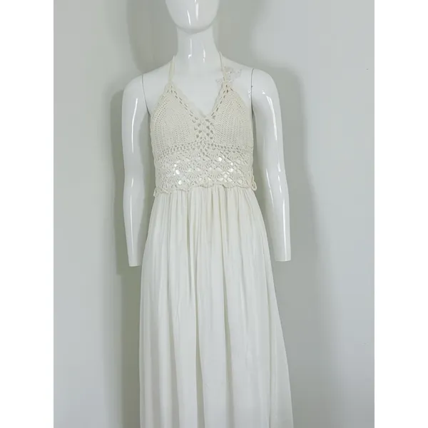 Lilbetter Womens Ivory Crochet Halter Maxi Dress Boho Beach Resort Vacation S - Image 4