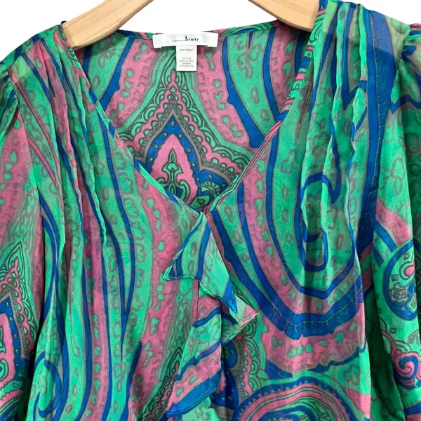 Anthropologie Trinity Blouse M Green‎ Silk Paisley Sheer Ruffle Forest Fairy Top - Image 3