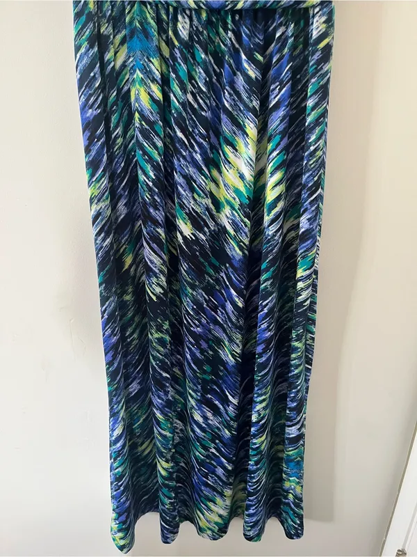 AB Studio Blue Green Abstract Maxi Dress Large Stretch Sleeveless Vacation Resort Flowy - Image 3
