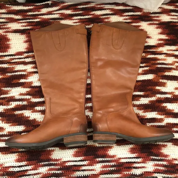 Sam Edelman Brown Cognac Leather Tall Knee High Penny Wide Calf Riding Equestrian Boots Size 6M #western #boho #indie Measurements in pics - Image 2