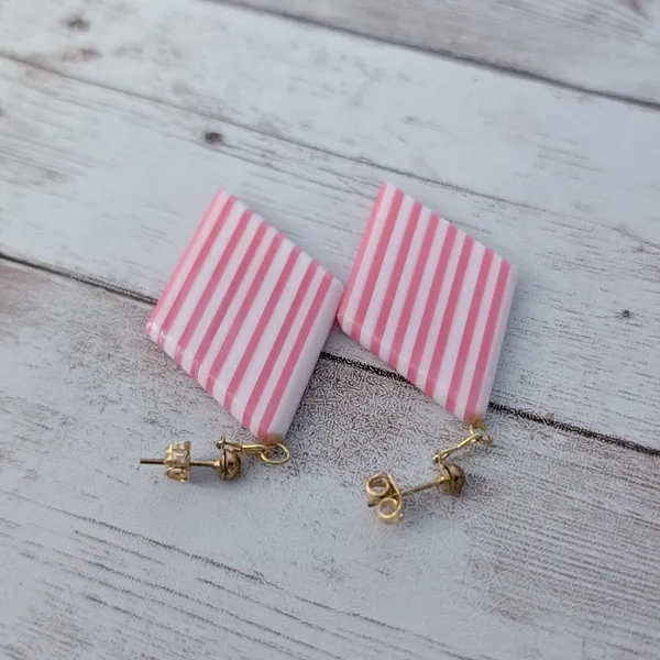 Vintage Stud Earrings Pink & White Striped Dangle - Image 2