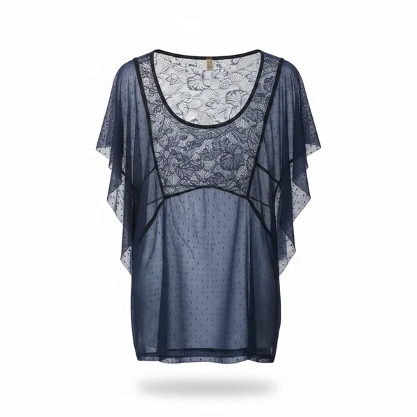Free People Navy Blue Sheer Lace Mesh Point Desprit Boho Kimono Top Medium‎ - Image 2