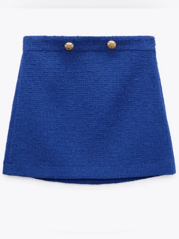 Zara Sapphire Blue Tweed Mini Skirt with Gold Buttons - Image 3