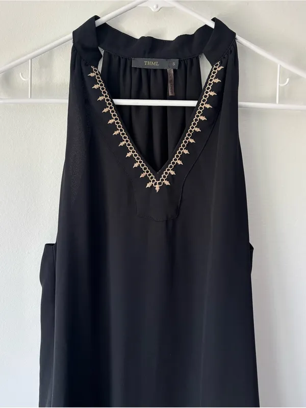 THML Black Mini Shift Sleepless Dress Embroidered Stripes Boho Print - Image 2