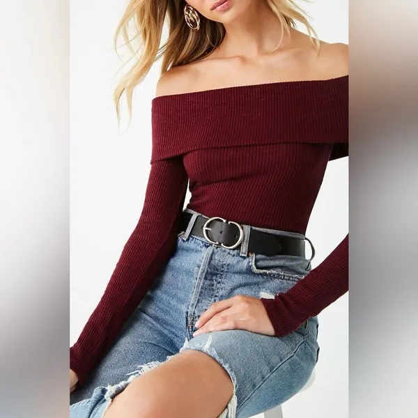 We The Free Off-Shoulder Burgundy Sweater - Image 3