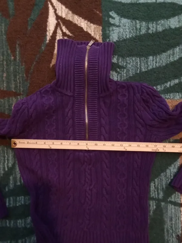 Ralph Lauren Purple Zip-Front Cable Knit Sweater Cotton High Neck Womens S - Image 9