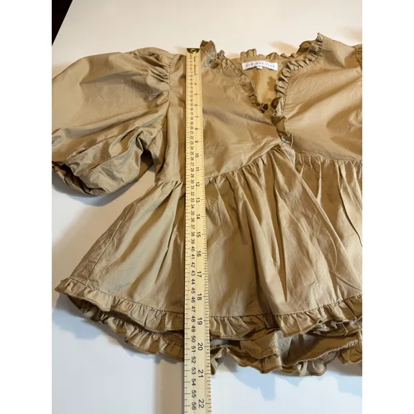 Endless Rose Puff Sleeve Peplum Top Tan Ruffle V-Neck Cotton Size S JJ1080T - Image 8