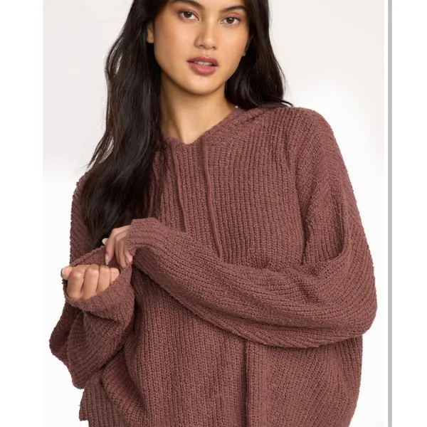 NWT Billabong Hot Beachin Cropped Hooded Knit Sweater Mauve Brown M slouchy fall - Image 3