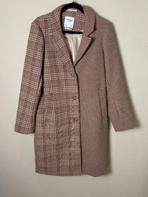 Abercrombie & Fitch The A&F Dad Coat Mixed Plaid Jacket Camel Tan Size Medium - Image 3