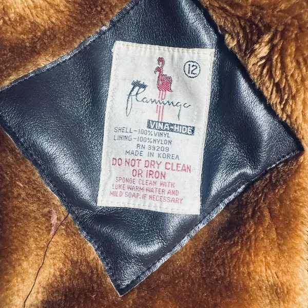 vintage 70s Flamingo Vina-Hide faux leather trench coat Brown Go-go fur‎ lined M - Image 9
