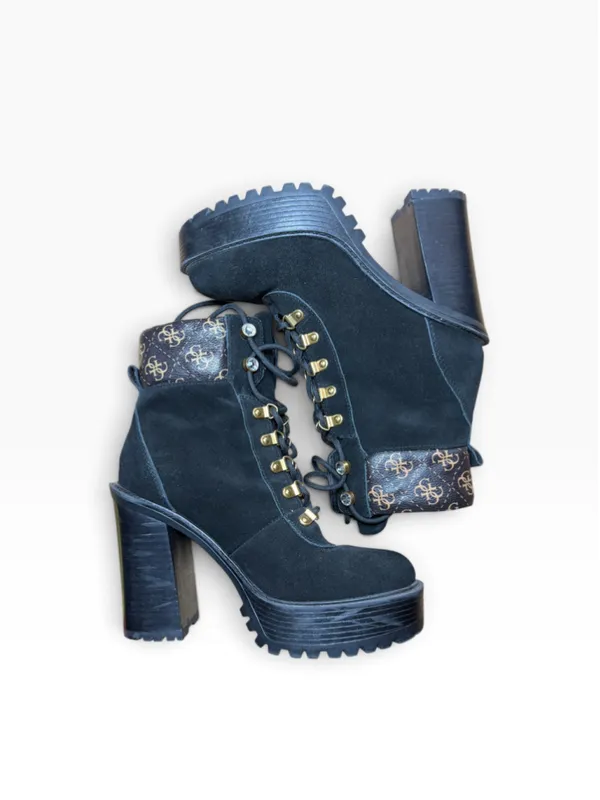 Women's Guess Black Suede Lace Up Platform Heeled Boots Size 8 - Image 2