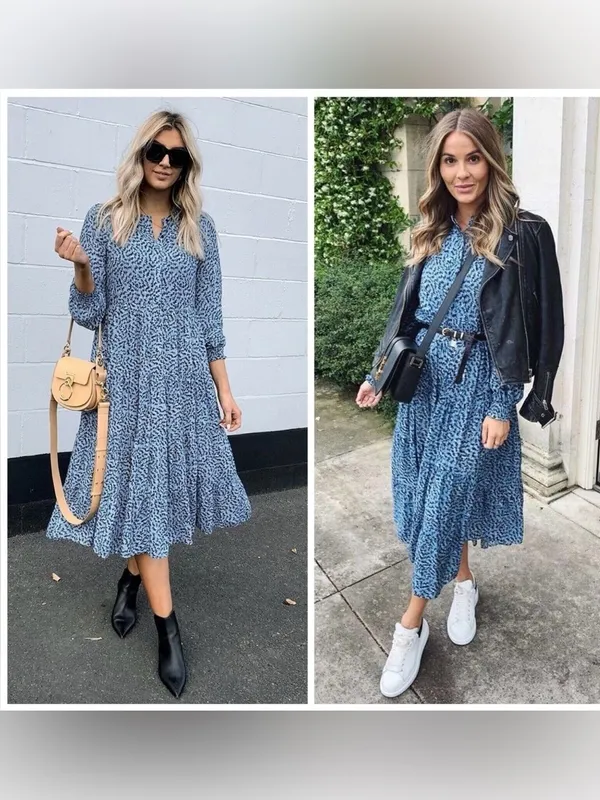 Zara The Angel Dress Blue Abstract Tiered Midi Dress Long Sleeves Flowy Boho - Image 2