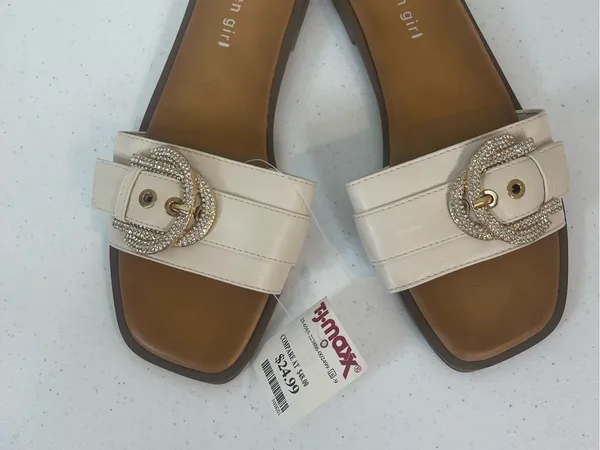 Madden Girl Cream Slide Sandals with Rhinestone Buckle - Image 2