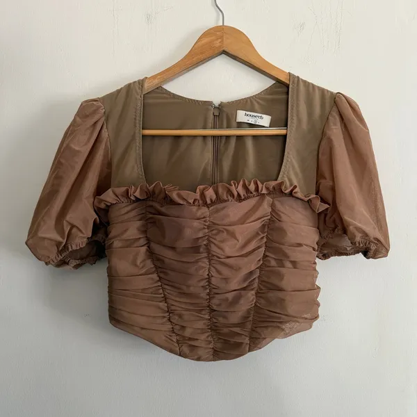 HOUSE OF CB | Norah Light Brown Ruched Puff Sleeve Mesh Corset Top | Medium - Image 2