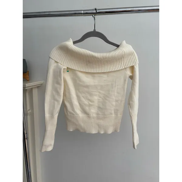 Women’s Ivory Off Shoulder Sweater Ribbed Foldover Cowl Neck Knit Pullover - Image 8