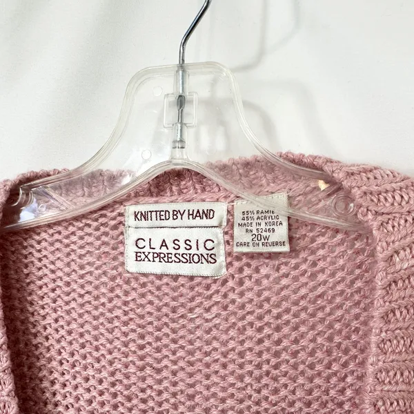 VTG Plus Size 20W Sweater Pink‎ Hand Knit Heart Fringe Cardigan Cottagecore 774 - Image 2