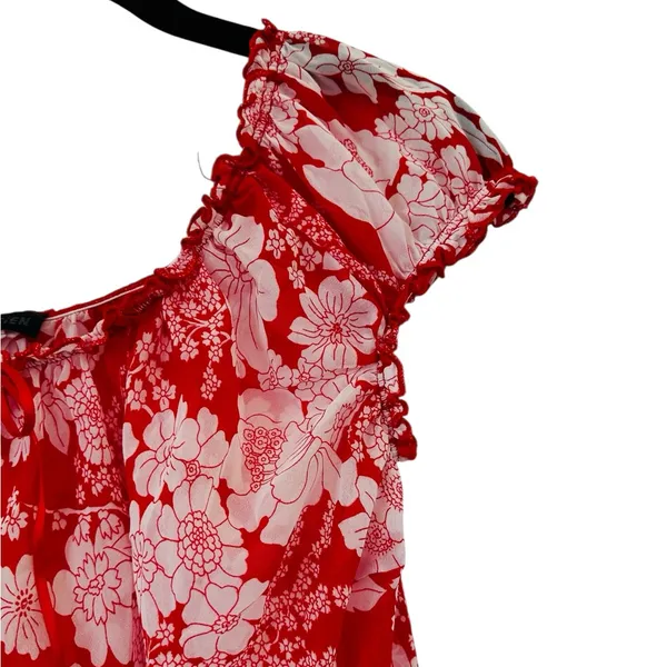 Vintage Y2K Babydoll Top Milkmaid Red Floral Ruffle Bow Fairy Coquette Size L - Image 5