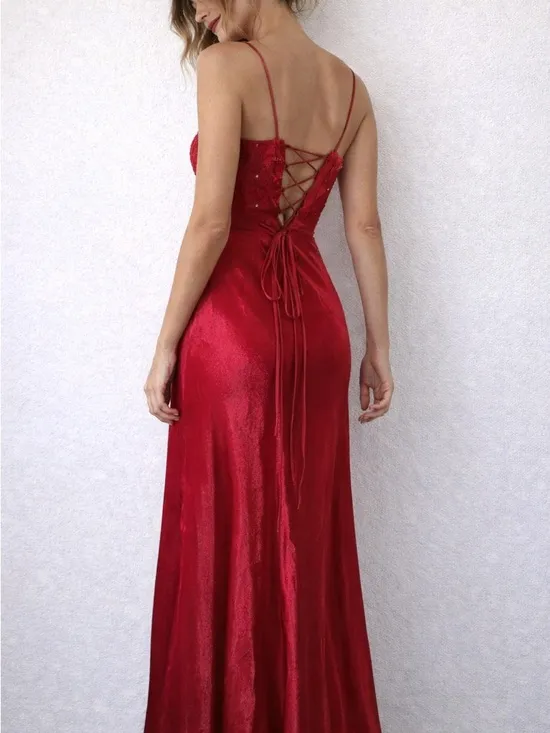 Vintage Y2K Red Satin Lace Up Slip Maxi Dress Size 5/6 Coquette Y2K‎ Glam - Image 2