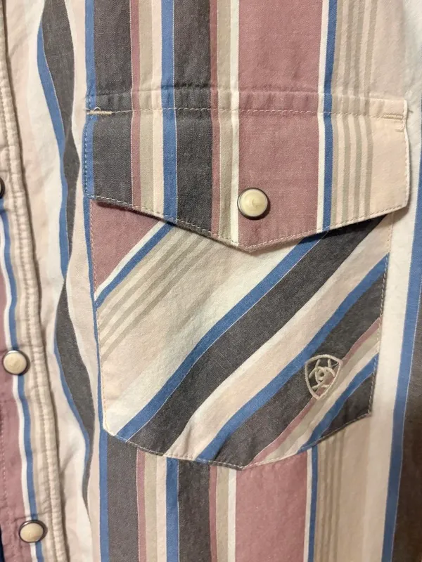 Ariat Men's Short Sleeve Striped Western Shirt — Blue, Cream & Brown Sz XXL - Image 4