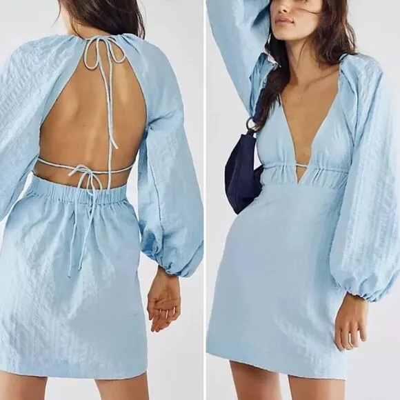 NWT Free People Endless Summer Puff Sleeve Open Back Mini Dress Blue Size Large - Image 2