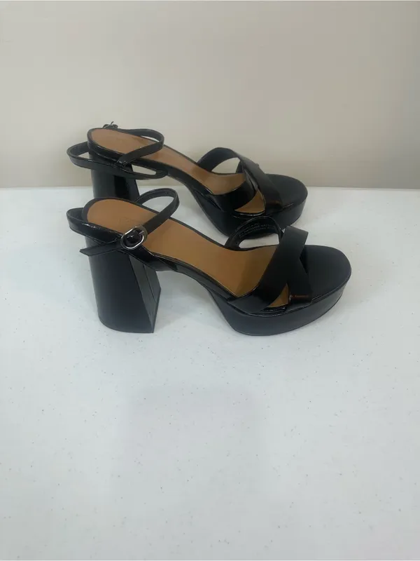 Classic Black Patent Block Heel Sandals with Ankle Strap - Image 5