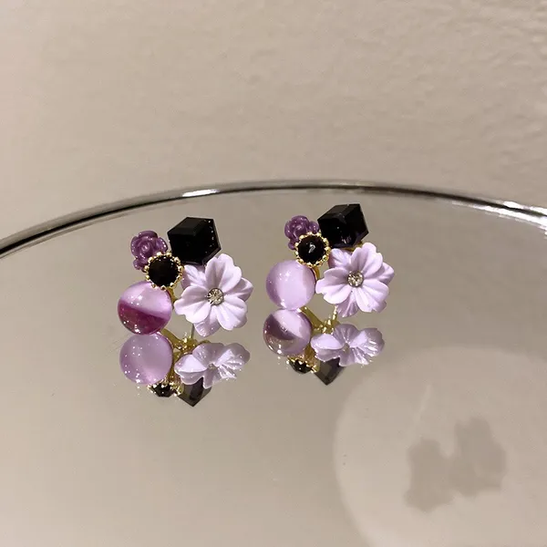 Purple Crystal Flower Stud Earrings for Women Girls,Flower Earrings - Image 2