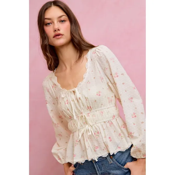 SO ME Floral Clip Dot Lace Trim Ruched Bodice Blouse - White - Medium - Image 5