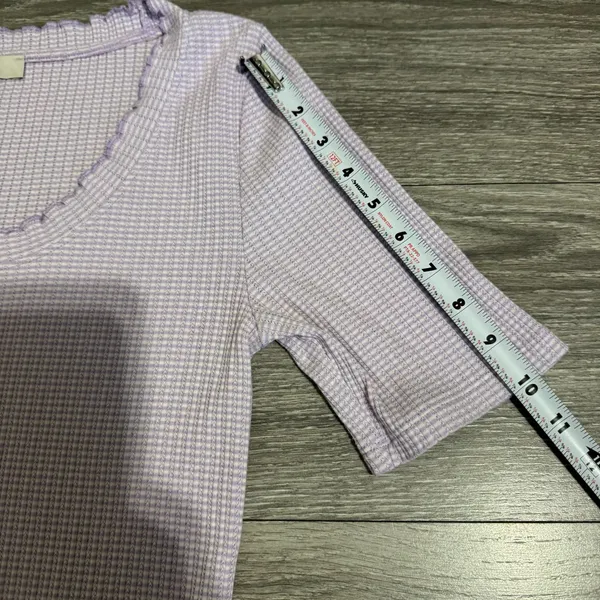 LOFT Women Lilac‎ Y2K Textured Waffle Scoopneck Pointelle Ruffle Henley Top Sz L - Image 11