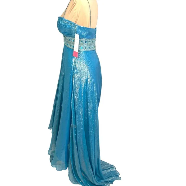 Dazzling Metallic Blue Silk Gown Flowy Prom 0 Hoco Glam Pageant Jeweled Hi-Low - Image 5