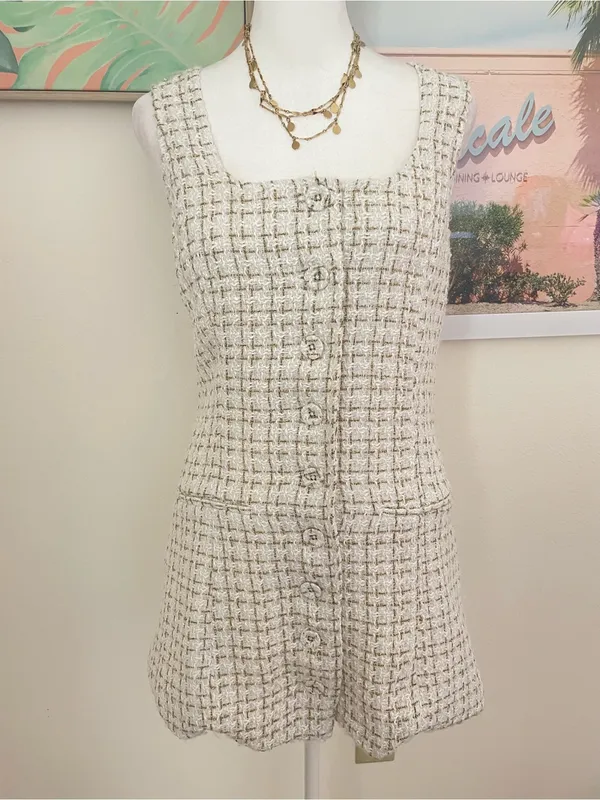 Reformation Jaine Mini Button Down Dress in Tweed Cream Metallic Gold US 4 - Image 2
