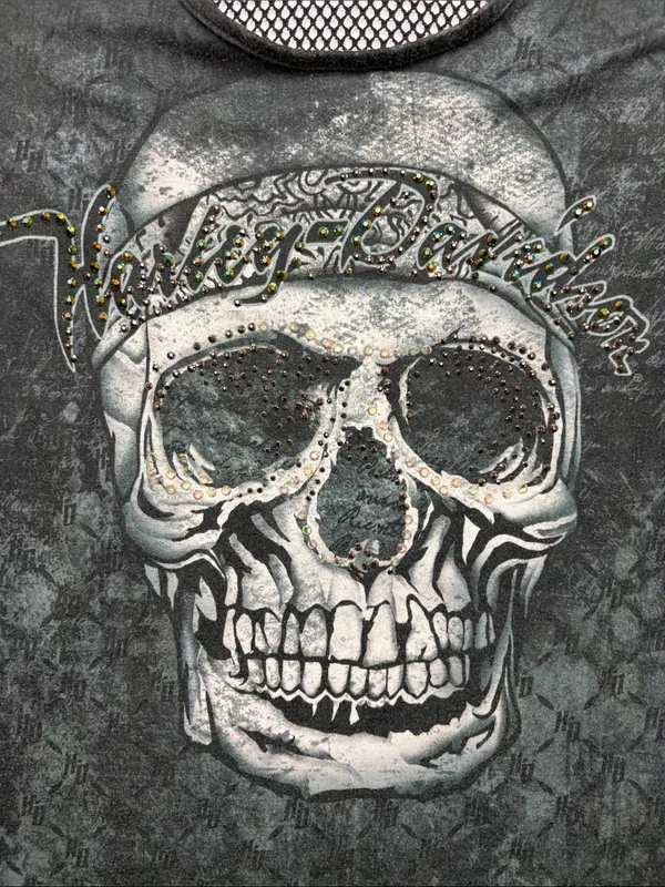 Harley-Davidson size large y2k rhinestone Black Skull Racerback Tank Mesh biker - Image 4