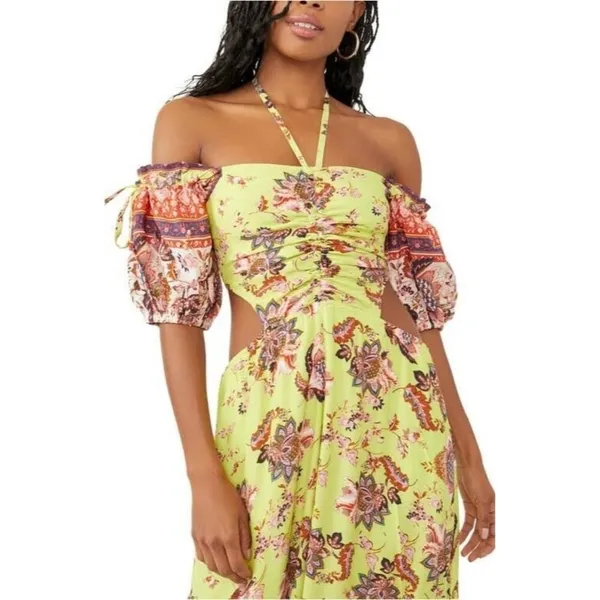 FREE PEOPLE Womens Medium‎ Green Bali Citrus Skies Jumpsuit Floral Cut Out New - Image 4