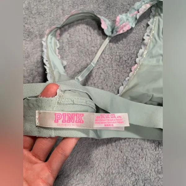 Victoria’s Secret pink lace bralette green pink floral small - Image 4