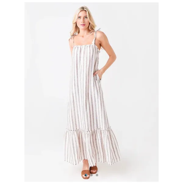 Tory Burch Striped Linen Maxi Dress Brown Cream Tassel Tie Straps 87512 Small - Image 9