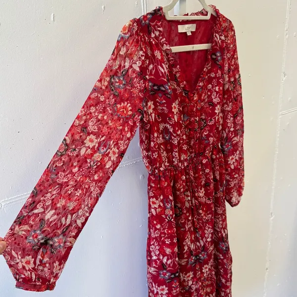 Loft Red Floral‎ Swiss Dot Midi Dress Long Sleeve Button Front V-Neck XS Red - Image 4