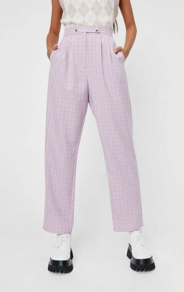 NWT Nasty Gal Sz 10 High Waisted Tapered Check Pants In Lilac - Image 3