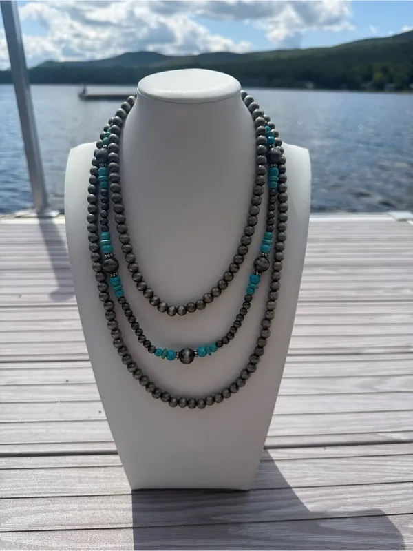 Western Multi-Strand Navajo Pearl Turquoise Stacked Statement Necklace - Image 2
