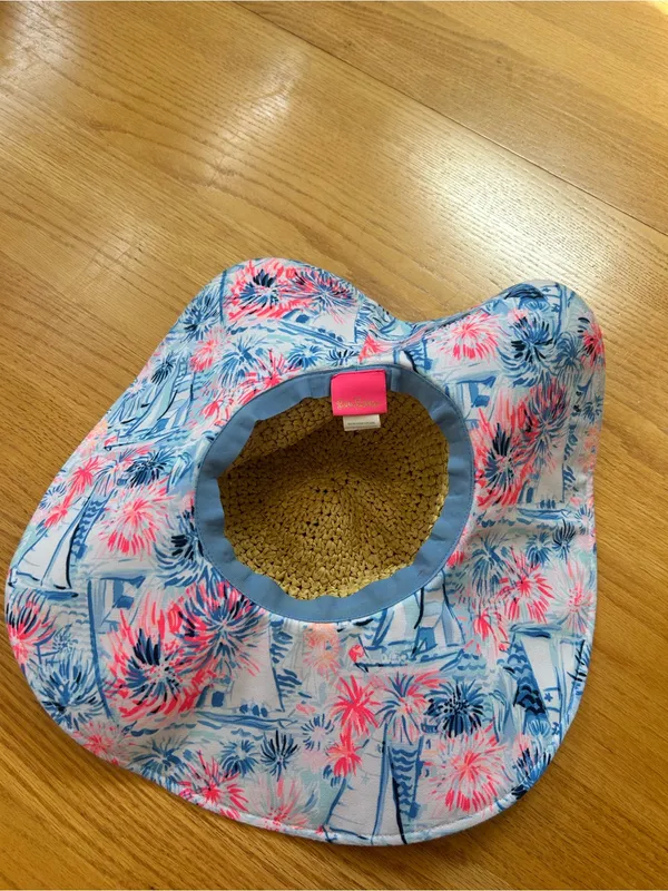 Lilly Pulitzer Sea‎ To Shining Sea Floppy Straw Sun Beach Hat Blue Pink Sailboat - Image 4