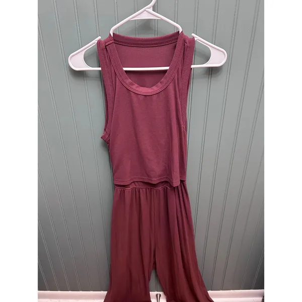 Latched Mama Nursing Jumpsuit Plum Burgundy Ribbed Sleeveless Wide Leg Small - Image 2