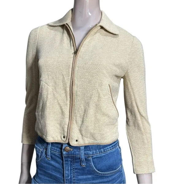Ralph Lauren Vintage Women’s Tan Beige Herringbone Suede Trim Jacket Size 4 - Image 3