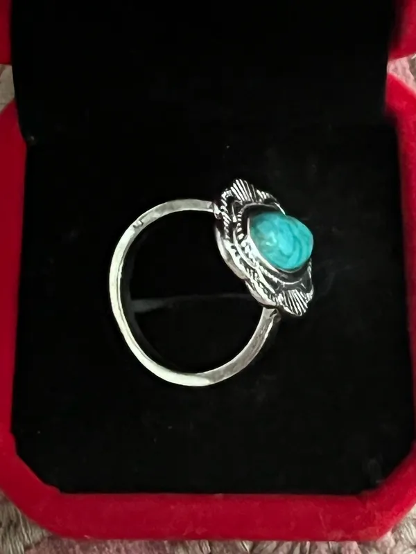 Women’s Stainless Steel Silver Aztec Faux Turquoise Embellished Ring Size 7 - Image 2