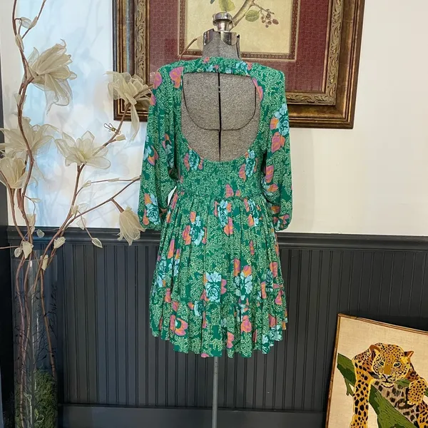 Free People Endless Summer Picnic Emerald Green Floral Boho Mini Dress - Sz S 🧡🎀 - Image 8