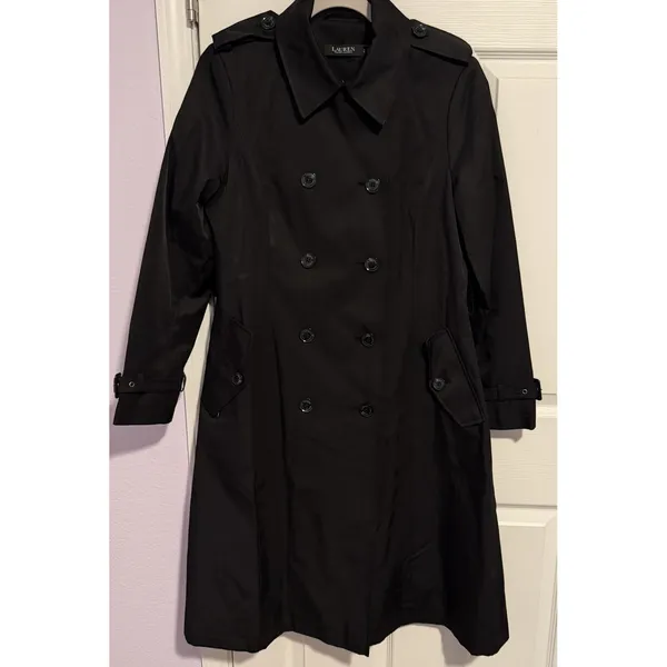 Lauren Ralph Lauren Black Label Trench Coat Black Small Lined NO BELT Preppy - Image 2