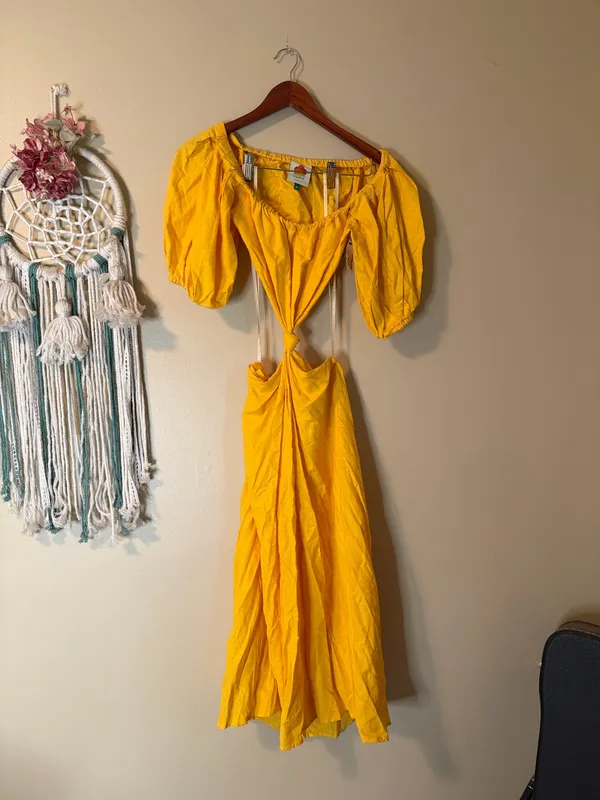 FARM Rio Puff Sleeve Knotted Maxi Dress Yellow Size XS - Image 4