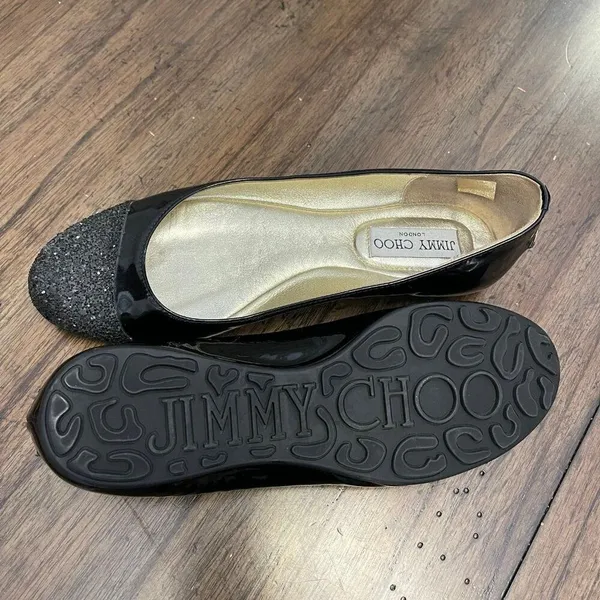 Jimmy Choo Black Patent Leather Silver Glitter Toe Ballet Flat Size 37.5 - Image 2