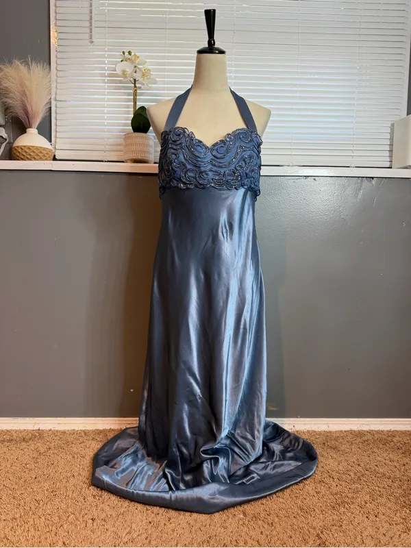 Dave & Johnny Size 12 Blue Satin Beaded Halter Formal Gown Y2K Prom Dress - Image 2