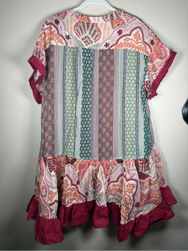 Boho Patchwork mixed floral print oversize SZ S ruffle mini dress by Blue Velvet - Image 6