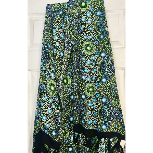 Wayan Natural Wear Sarong Cover Up Lime Green Blue Mandala Fringe Scarf Festival - Image 10